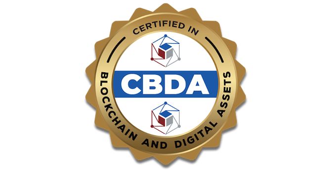 Gold and blue badge displaying "Certified in Blockchain and Digital Assets (CBDA)" with cube graphics on a white background.