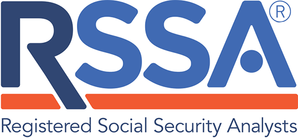 Logo for Registered Social Security Analysts (RSSA) with bold blue letters and an orange line underneath, followed by the full name in blue text.