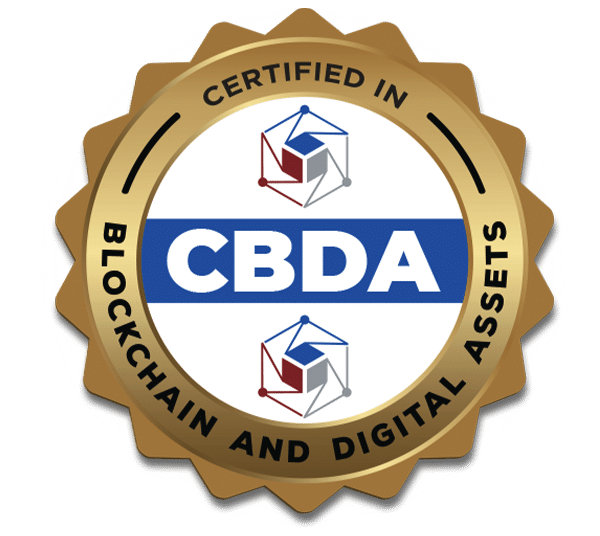 Gold and blue badge displaying "Certified in Blockchain and Digital Assets (CBDA)" with cube graphics on a white background.