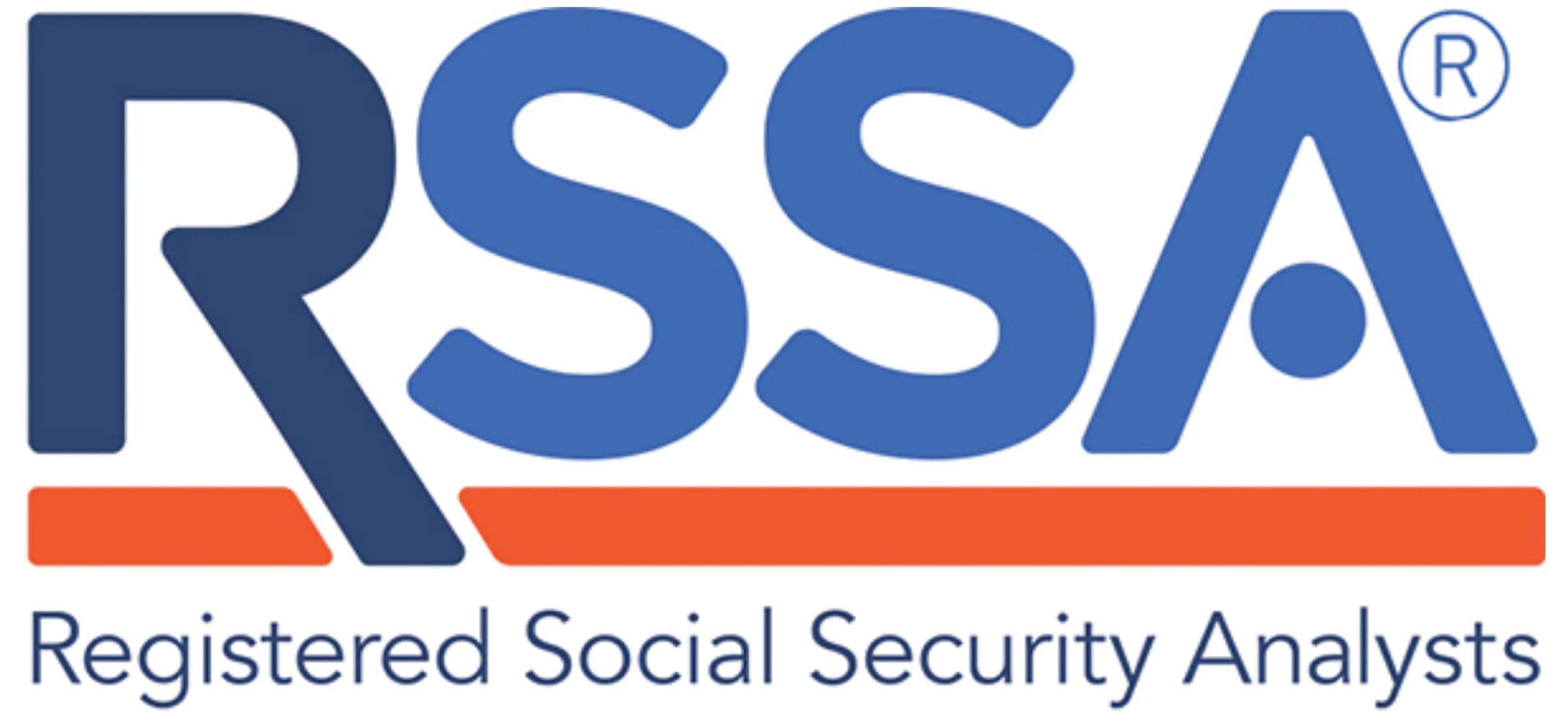 Logo for Registered Social Security Analysts (RSSA) with bold blue letters and an orange line underneath, followed by the full name in blue text.